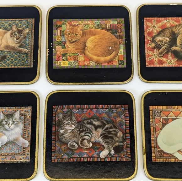 Set of 6 Cats By Lesley Anne Ivory 1989 Vintage Clover Leaf Coasters - Picture 3 of 6